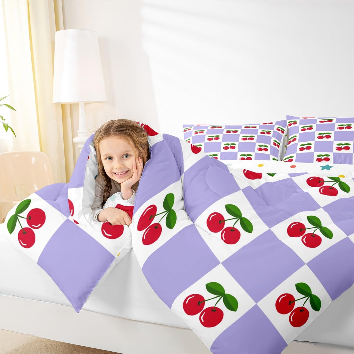 Manfei Cartoon Cherry Kids Comforter Set Twin Size,Geometric Plaid Checkerboard Patchwork Bedding Set,Girls Princess Room Decor,Tropical Fruit Fashion Down Comforter,Purple Duvet Insert,1 Pillowcase
