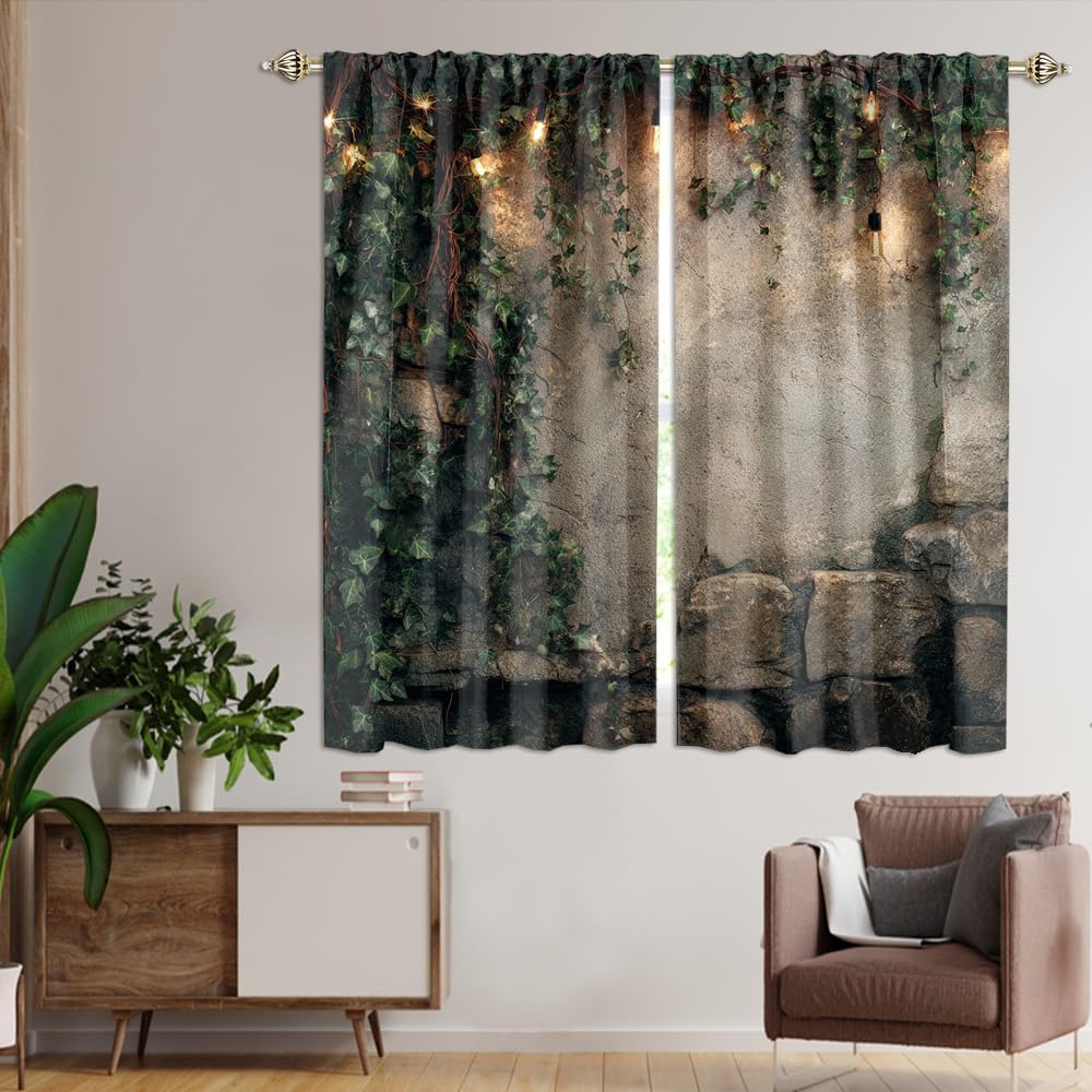 XSUPFLYM Retro Realistic Stone Wall Window Thermal Curtain for Living Room Mid Century Classic Spring Landscape Botanical Plant Green Leaves Blackout Curtains for Bedroom 2 Panels Each 21" W x 54" L