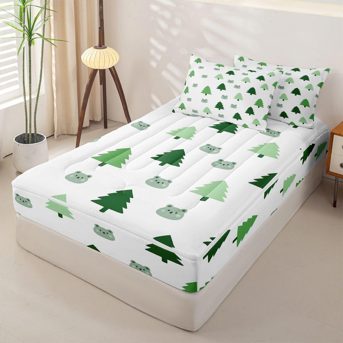 jejeloiu Cute Bear Zipper Bedding Cartton Tree Comforter Set for Kids Boys Girls Twin Size Green White Zippered Kids Bedding Set Ultra Soft Cute Wild Animal Bed in a Bag