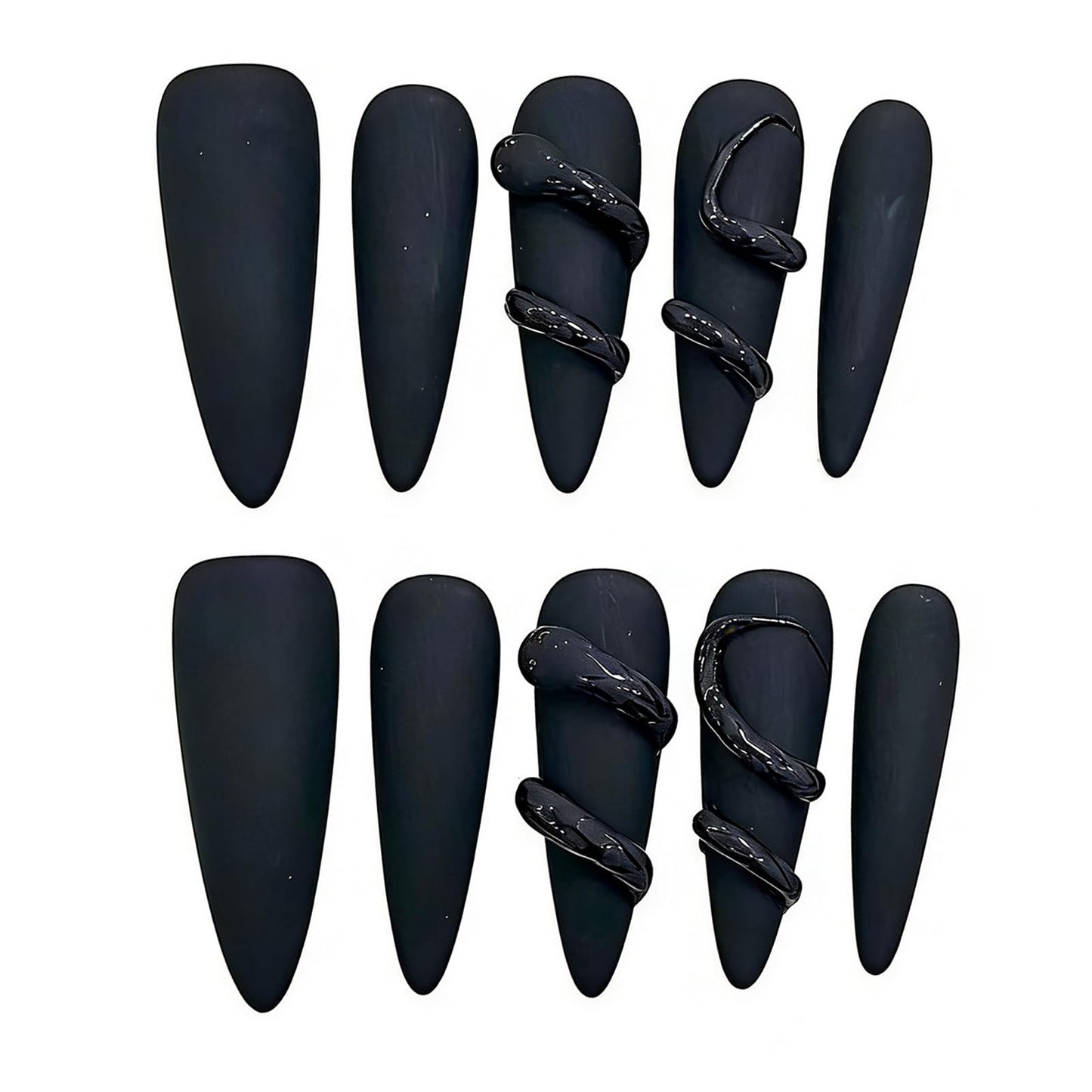Handmade Press on Nails Stiletto 3D Snake Design in Pure Black: Elegant Matte and Glossy Finish Handmade Stiletto Press on Nails 3D Luxury Press on Nails（S）