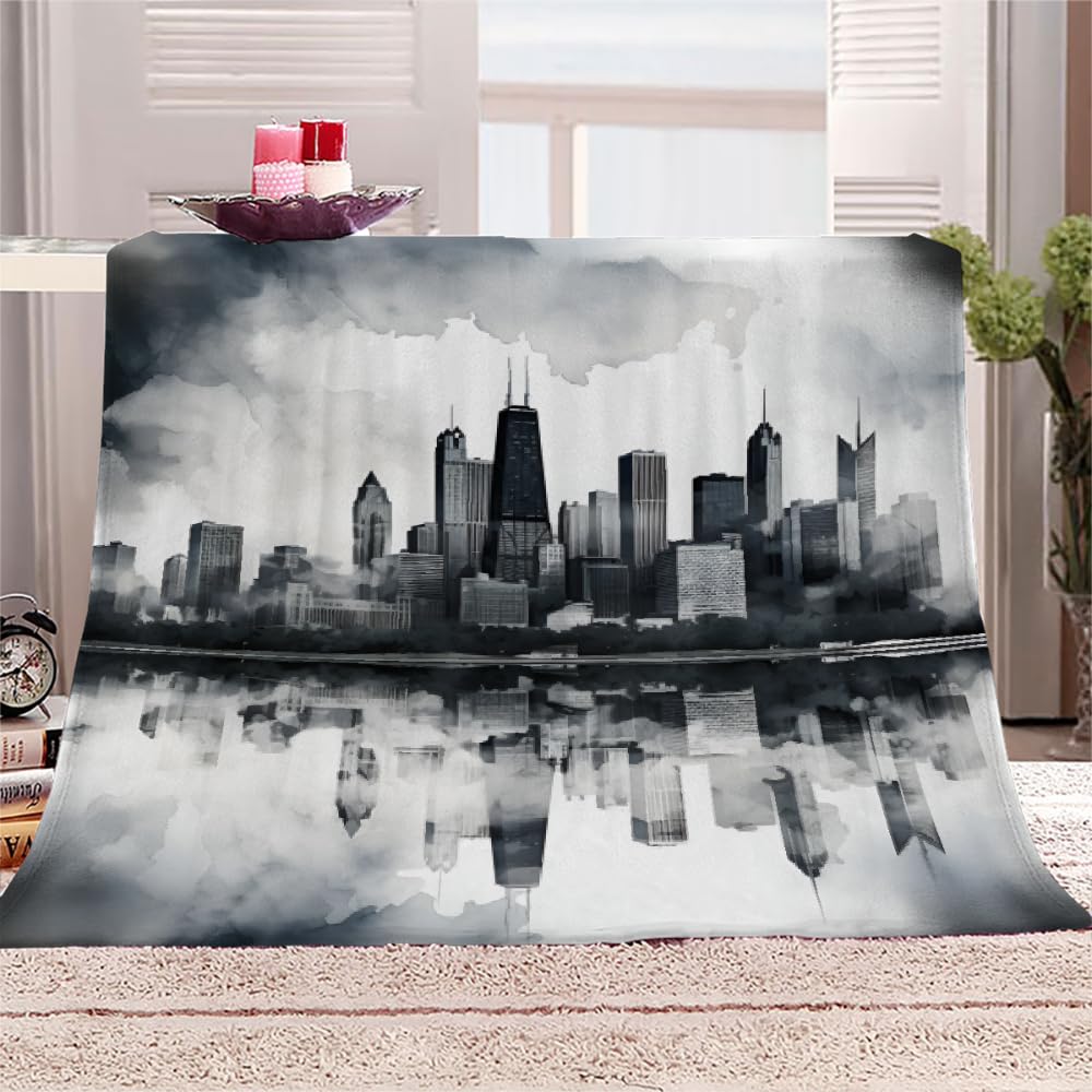 PAOABIU City Skyline Blanket Throw, Metropolis Panorama Throw Blanket for Couch, Modern Breathable Bed Throw, Grey Multicolor Lightweight Fleece Blanket Kids 30"x 60" Camping & Travel Blanket