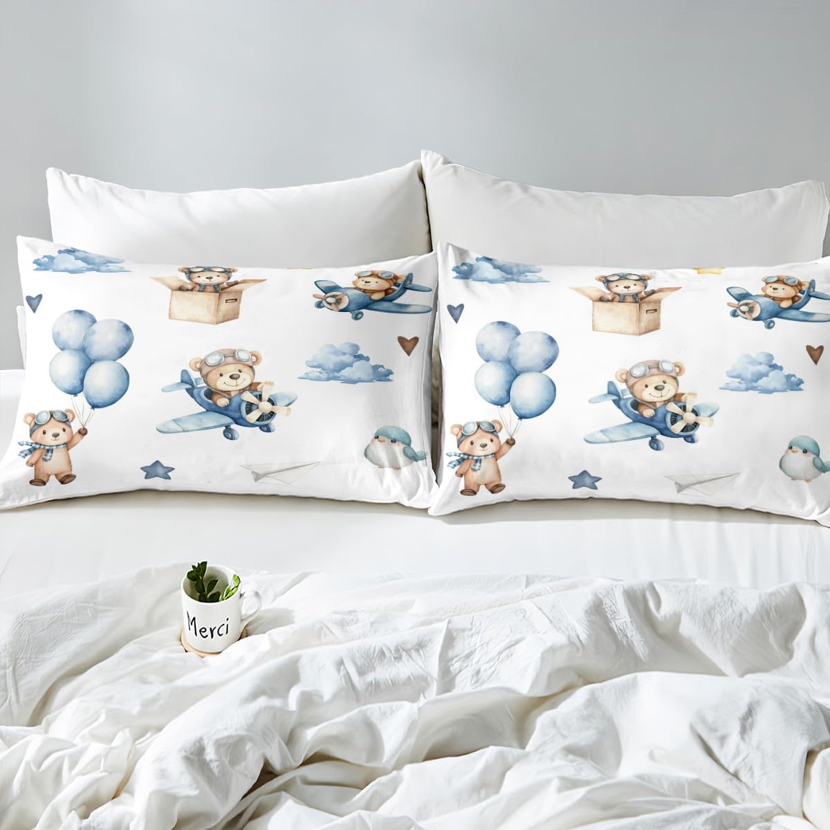 Erosebridal Cartoon Aircraft Full Bedding Set, Cute Bear Airplane Propeller Plane Comforter Set for Kids Boys Girls Adults Bedroom, Lovely Bird Animals Comforter, Balloon Star Cloud Quilt