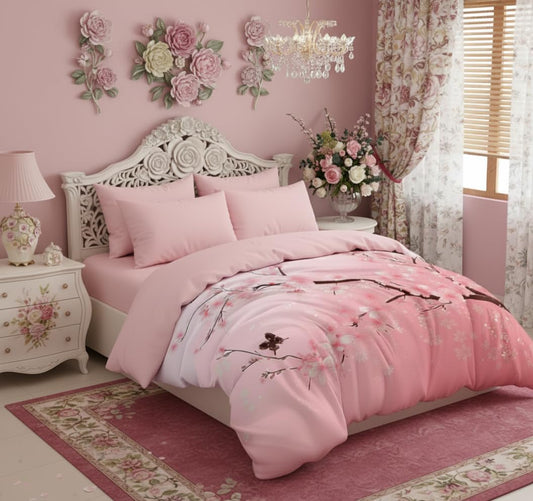 CCoutueChen Cherry Blossom Comforter Set,Pink Floral Bedding Set Queen Size,Japanese Decor Comforter for Girls,Butterfly Design Down Alternative Comforter for All Season