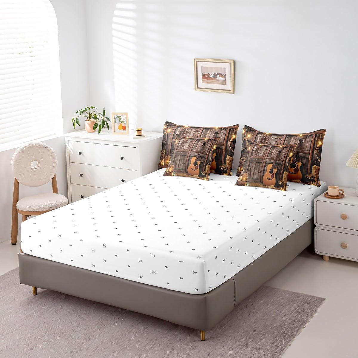 Feelyou Western Comforter Set 7 Pieces Twin Size Kids, Rustic Barn Bedding Set Boys Girls, Farmhouse Guitar Bed in a Bag,Comforter + Sheets + Pillowcases + Cushion Covers
