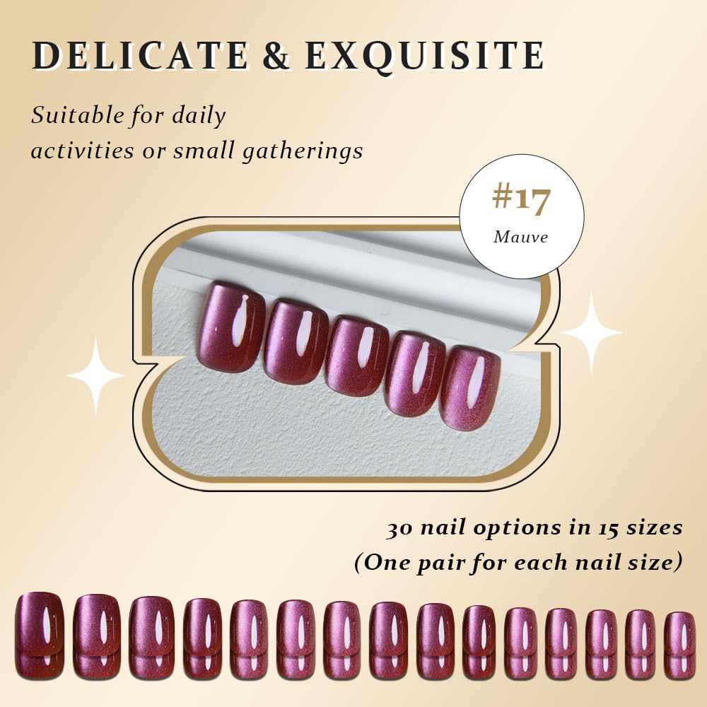 evpct Mauve Cat Eye Extra Short Square No Glue Press on Nails, Petite Short Square Stick on Nails for Women Gift, Glossy Holographic Fake Nails Reusable Press on Acrylic Fake Nail with Designs