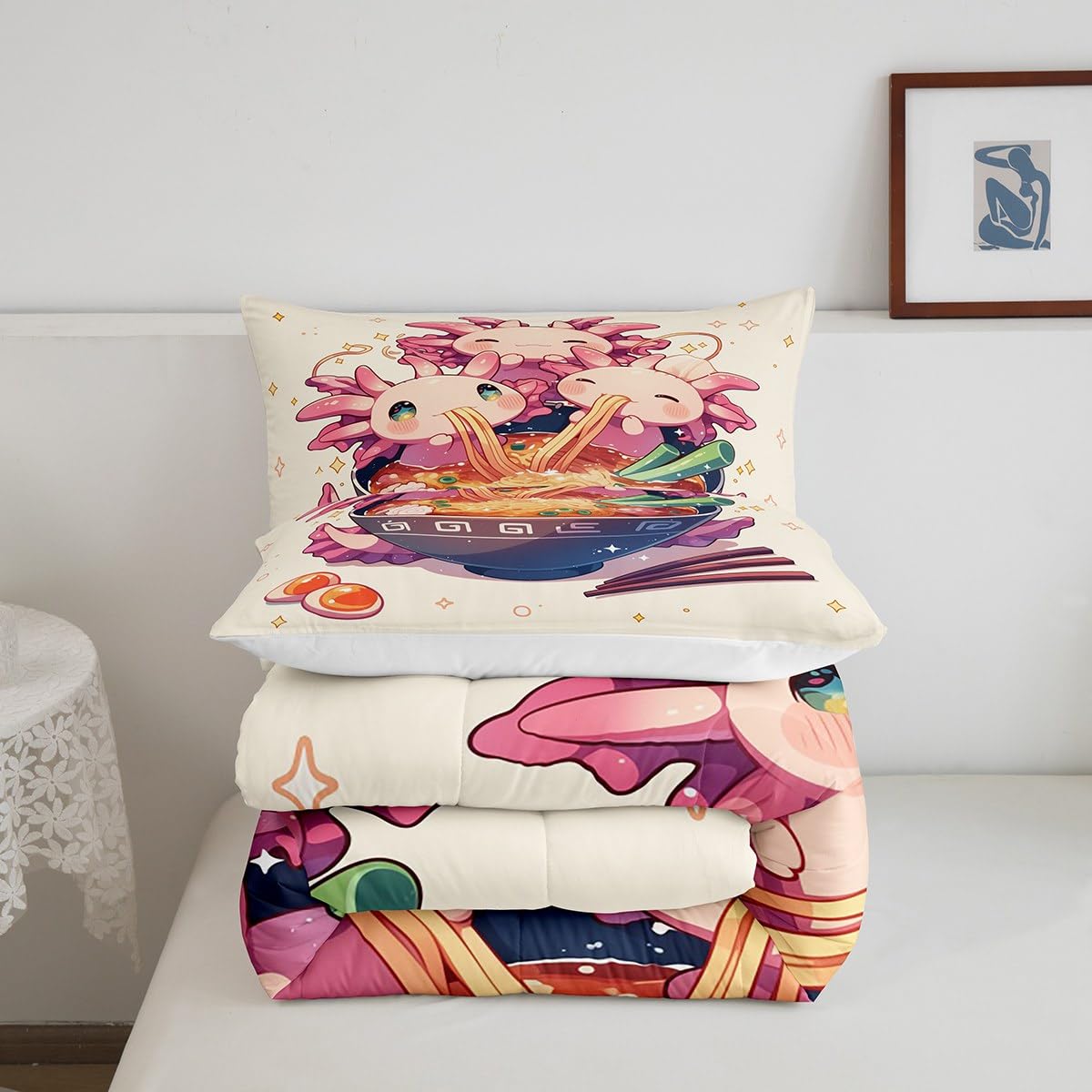 Erosebridal Funny Axolotl Queen Bedding Set,Ramen Noodle Comforter Set Ramen Gifts for Kids Boys Girls,Japanese Food Quilt Bed Set Cute Animal Bedding Comforter Sets with 2 Pillowcases Room Decor