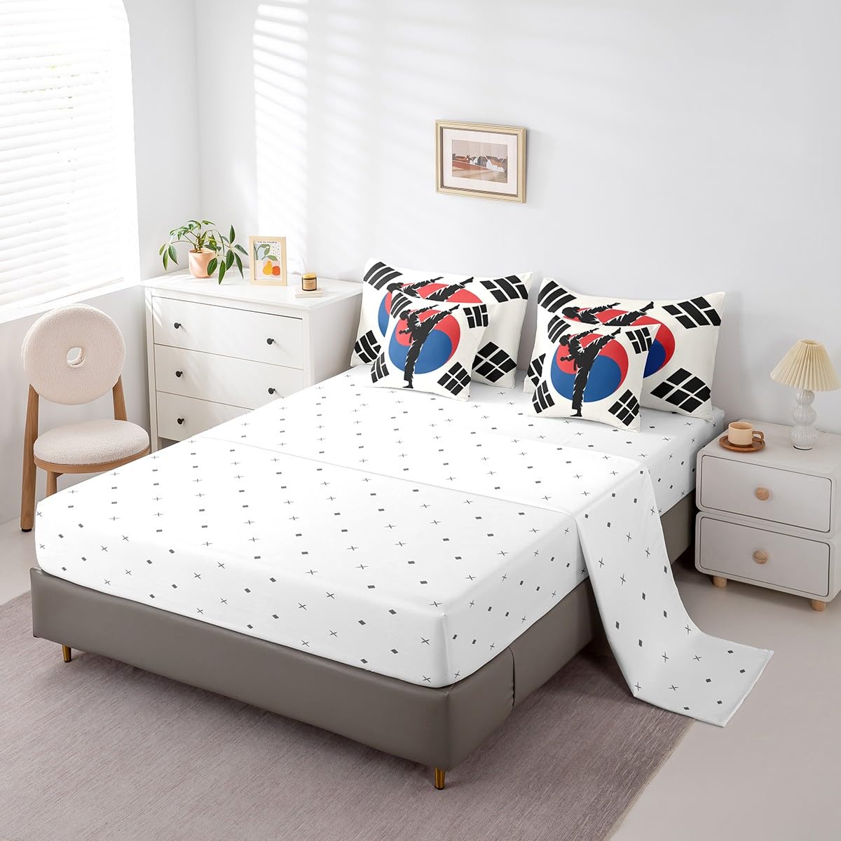 Feelyou Kids Taekwondo Comforter Set Full Size 7 Pieces Boys Girls Kungfu Karate Bedding Set Martial Art Korean Flag Style Bed in a Bag with Comforter, Sheets, Pillowcases & Cushion Cover