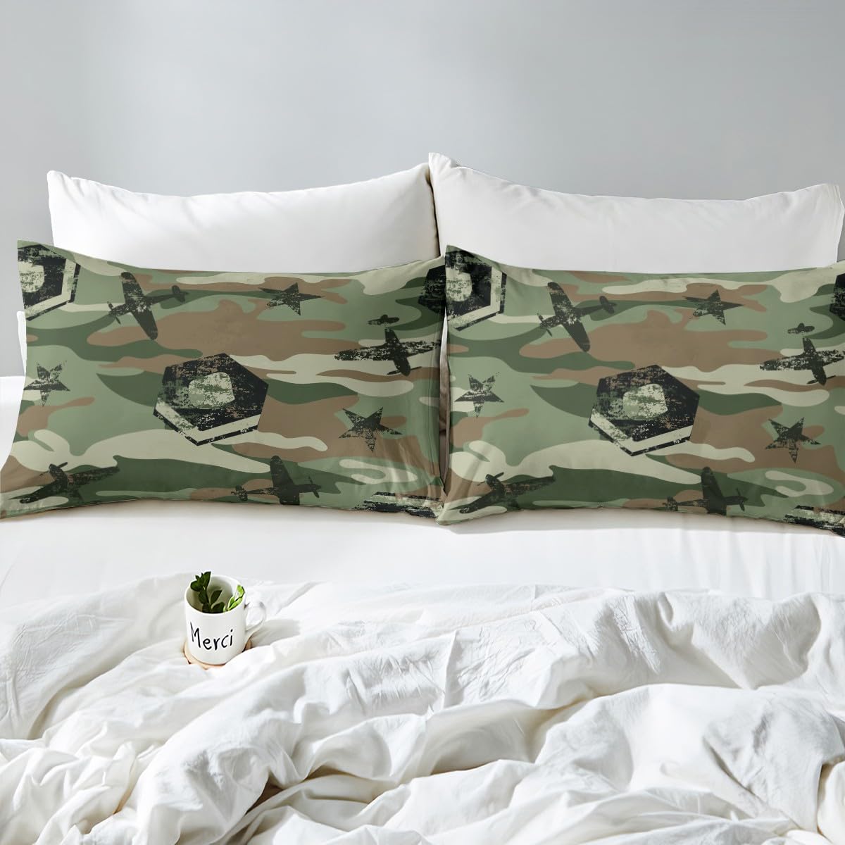 Kids Camo Airplane Bed Sheet Set Camouflage Airplane Decor Bedding Sheets for Teens Boys Military Aircraft Bedding Fitted Sheet Novelty Modern Army Green Bed Cover Bedroom Collection 3Pcs Full Size