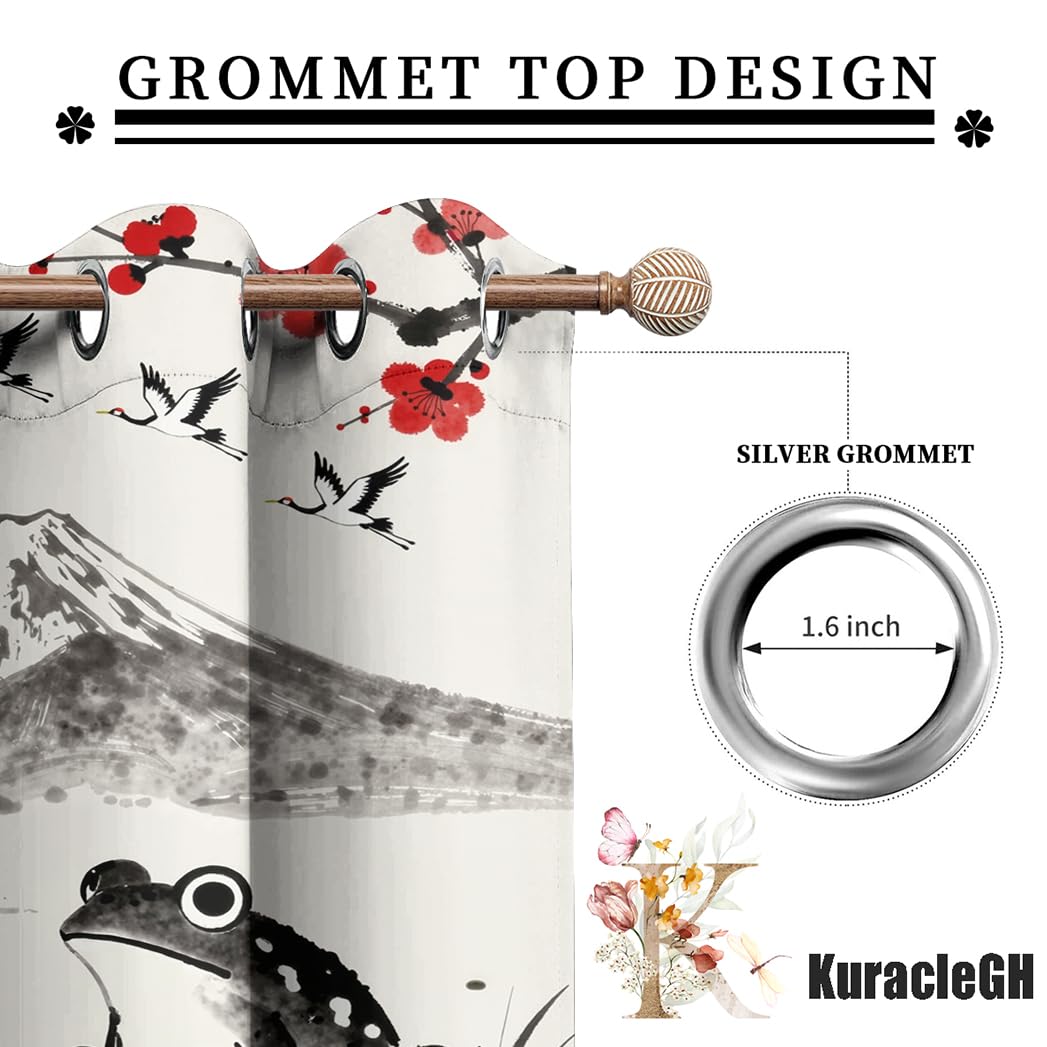 KuracleGH Rustic Japanese Animal Frog Blackout Curtains,Retro Ink Mount Fuji Crane Curtains with Grommets,Aesthetic Red Sun Cherry Blossom Drapes for Living Room Windows,2pcs,Each 21“W x 45”L