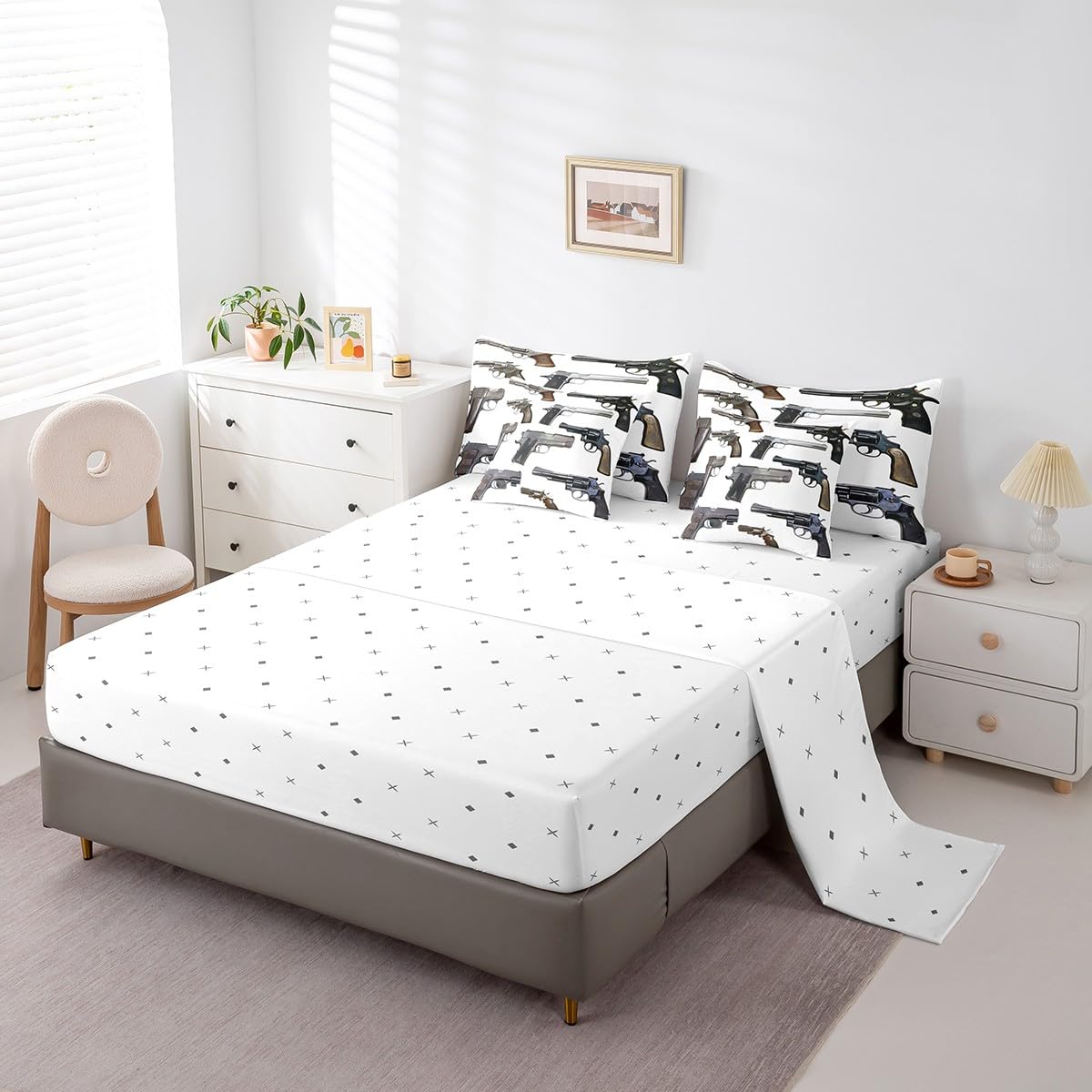Erosebridal Guns 7 Piece Comforter Set Full Bed in a Bag,Firearms Bedding Sets Handgun Sheet Set with Comforter