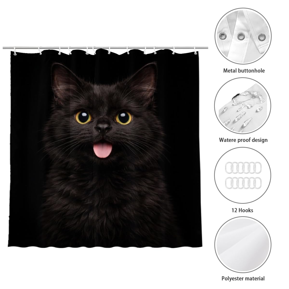 LFINKARTGOGO Black Cat Shower Curtain 72x72 Inch with 12 Hooks Funny Farm Animal Bathroom Decor Black Background Waterproof Washable Polyester Bath Curtain