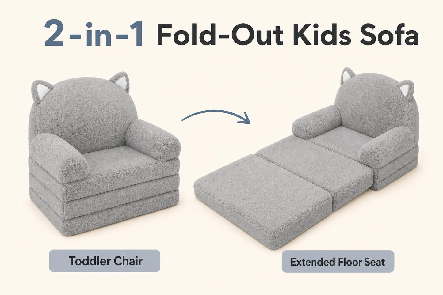 MONKISS Kids Couch, Comfy Toddler Chair, 2 in 1 Fold Out Kids Sofa, Baby Sitting Chair with Washable Cover, Toddler Furniture for Reading, TV and Playroom, Birthday Gifts, 1-4 Years Old, Grey Cat