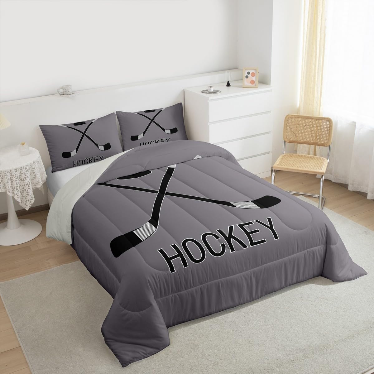 Teens Ice Hockey Comforter Set, Winter Sports Games Down Comforter For Kids Boys Adult Young Men, Equipments Stick And Puck Duvet Sets Hockey Bedding Set With 2 Pillow Cases, Grey Black(Full Size)