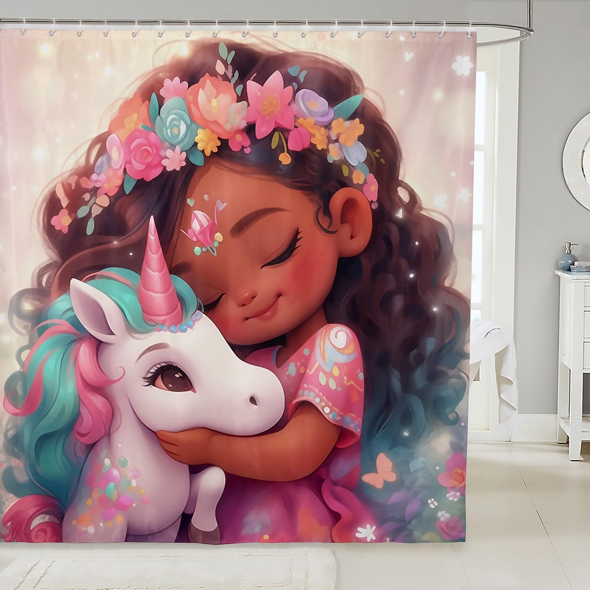 Unicorn Girl Shower Curtains American Stlye Black Cute Girl Waterproof Bath Curtains with 12 Hooks Suits for Bathtub, Flower Girl Unicorn Bathroom Curtains for Kid Princess Adults, 72" W x 72" L