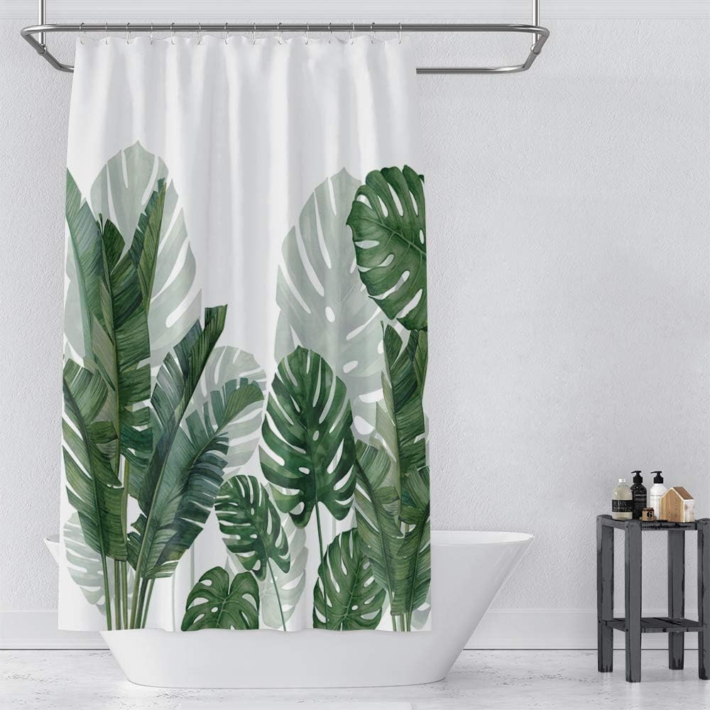 Baccessor Tropical Green Plant Shower Curtain Waterproof Washable Fabric Summer Bathroom Decor Botanical Banana Monstera Leaf Palm Tree Shower Curtain with Hooks 72 W x72 H Inch
