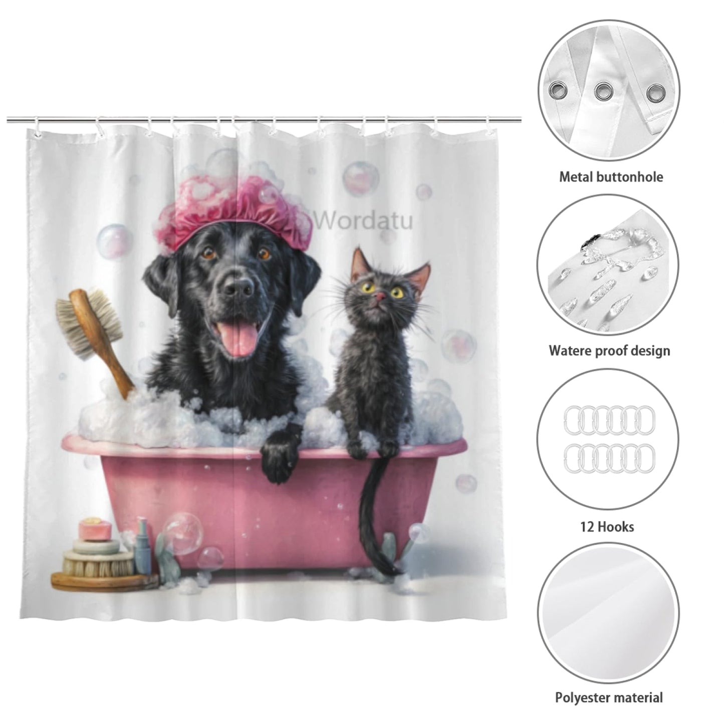 Wordatu Funny Black Labrador Dog Shower Curtain Decor Fabric Bathroom Curtains, Kids Children Cartoon Waterproof 72x72 inch with 12 Hooks