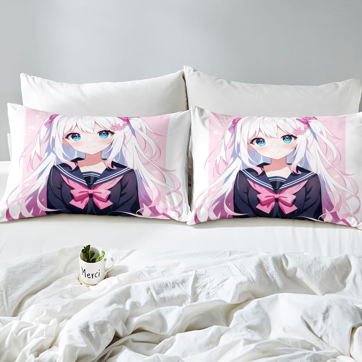 Erosebridal Kawaii Japanese Girl Sheets Cartoon Anime Bedding Set Twin for Kids Boys Girls 3D Japanese Style Bed Sheets Set Sailor Suit Uniform Girl Design Fitted Sheet + Top Sheet + 1 Pillowcase