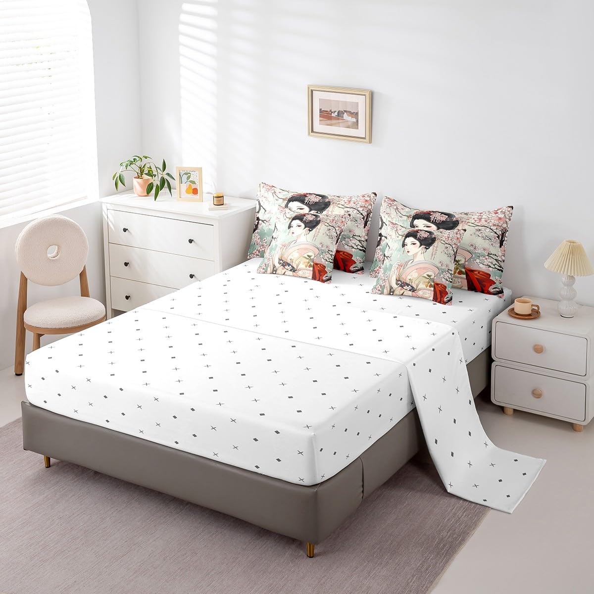 Feelyou Japanese Geisha Girl Comforter Set Twin Size 7 Pieces Cherry Blossoms Bedding Set Japanese Style Japanese Tradition Aesthetic Bed in a Bag with Comforter, Sheets, Pillowcases & Cushion Cover