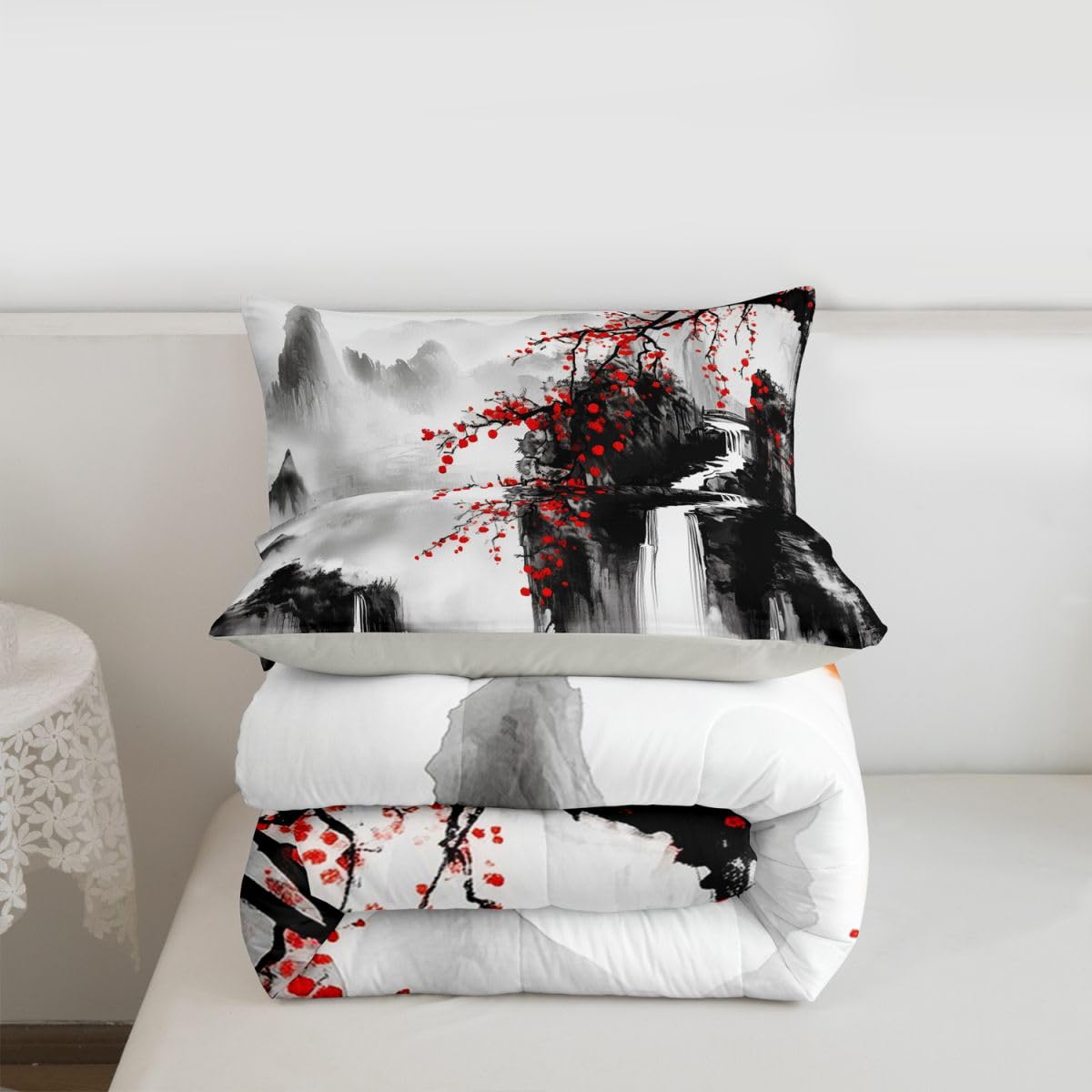 jejeloiu Chinese Ink Painting Kids Comforter Set Queen Size Cherry Blossom Bedding Set Red Sun Mountain Duvet Quilt for Kids Boys Girls Bedroom Japanese Style Decor Microfiber Ultra Soft Breathable