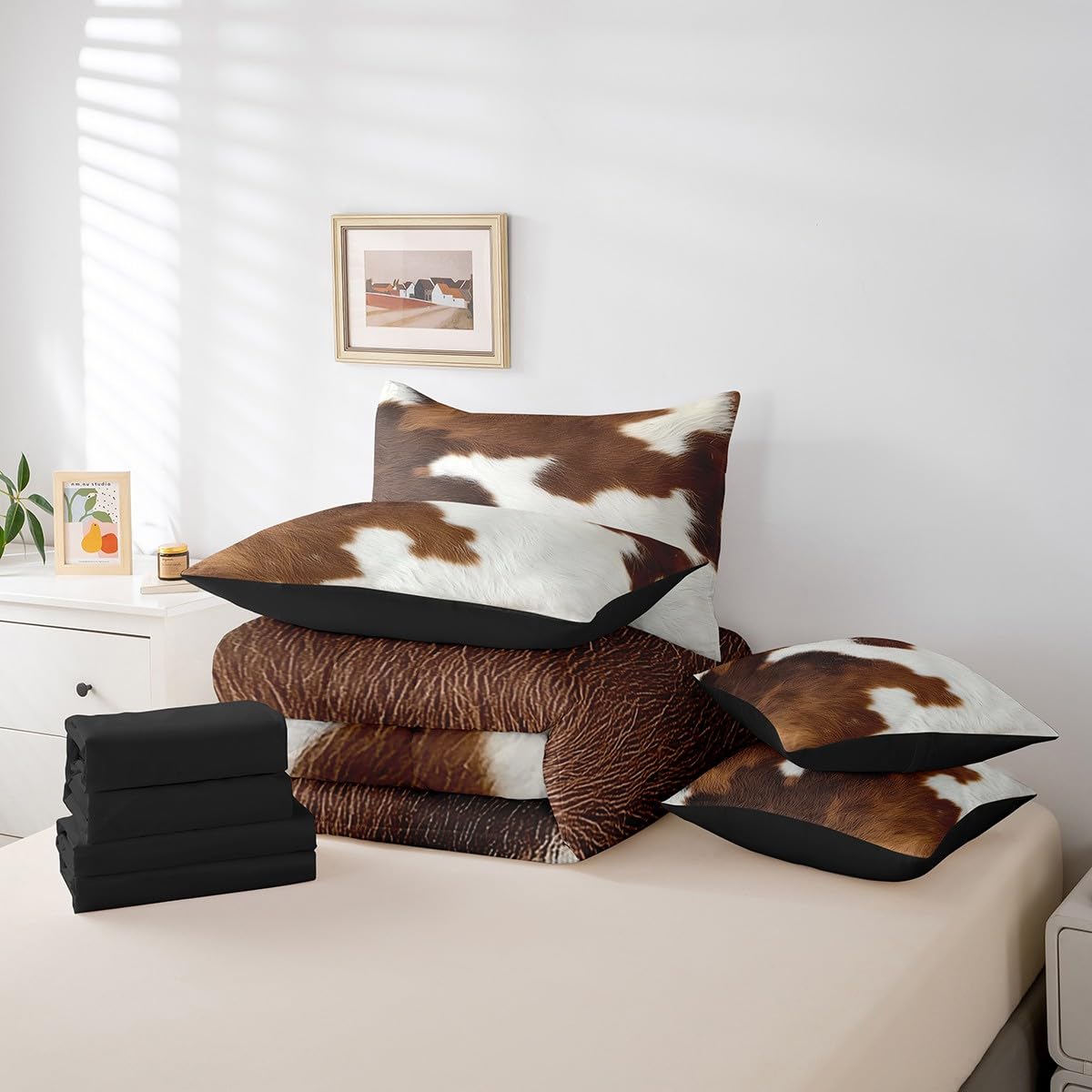 Erosebridal Cute Cow Print King Bedding Set 7 Piece for Boys Brown White Cowhide Bed in A Bag for Kids Teens Youth Adult Wildlife Animal Skin Comforter Set with Sheetwestern Cowboy Bed Sets