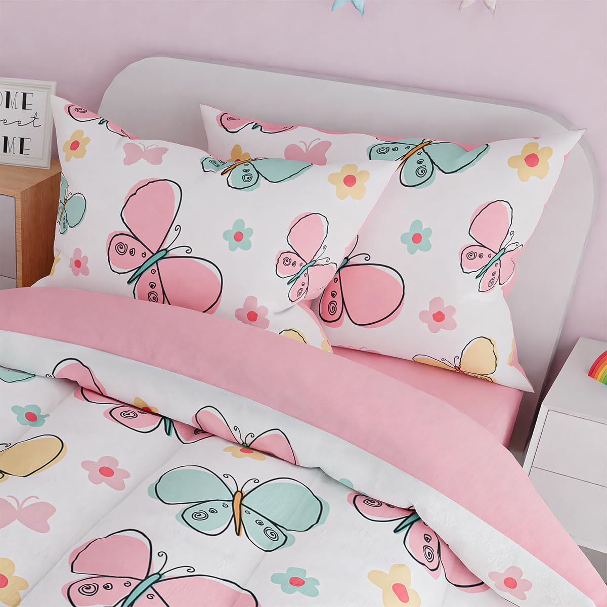 SANDJEST Butterfly Twin Bedding Sets for Girls, Ultra Soft Microfiber Comforter Set with 3-Pieces, Bed Sets for Kid Tween Teen Bedroom Decor