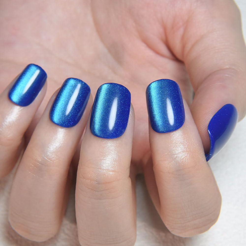 evpct Blue Cat Eye Extra Short Square No Glue Press on Nails, Petite Short Square Stick on Nails for Women Gift, Blue Glossy Glitter Fake Nail Reusable, Soft Press on Acrylic False Nail with Designs