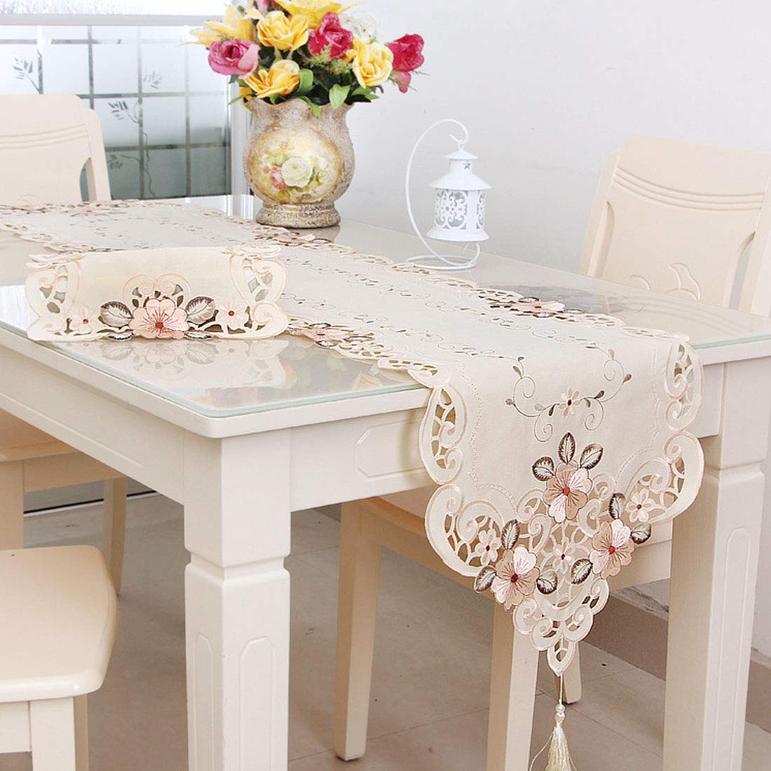 LeLehome 15" X 58" Classic Table Runner, Flower Embroidery Vintage Lace Cream Beige Polyester Fabric Dresser Scarves