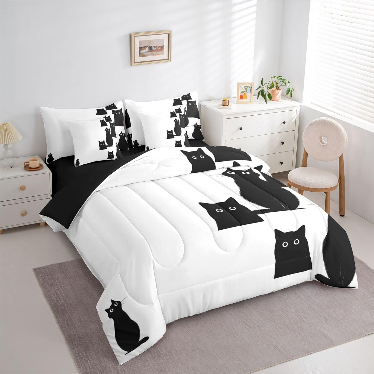 Erosebridal Cute Black Cat 7-Piece Bedding Set Full Size for Boys Girls - Kids Kawaii Cats Bed in a Bag Funny Black Cats Comforter Set with Sheets for Cat Lovers Kawaii Kitten Animal Duvet Insert