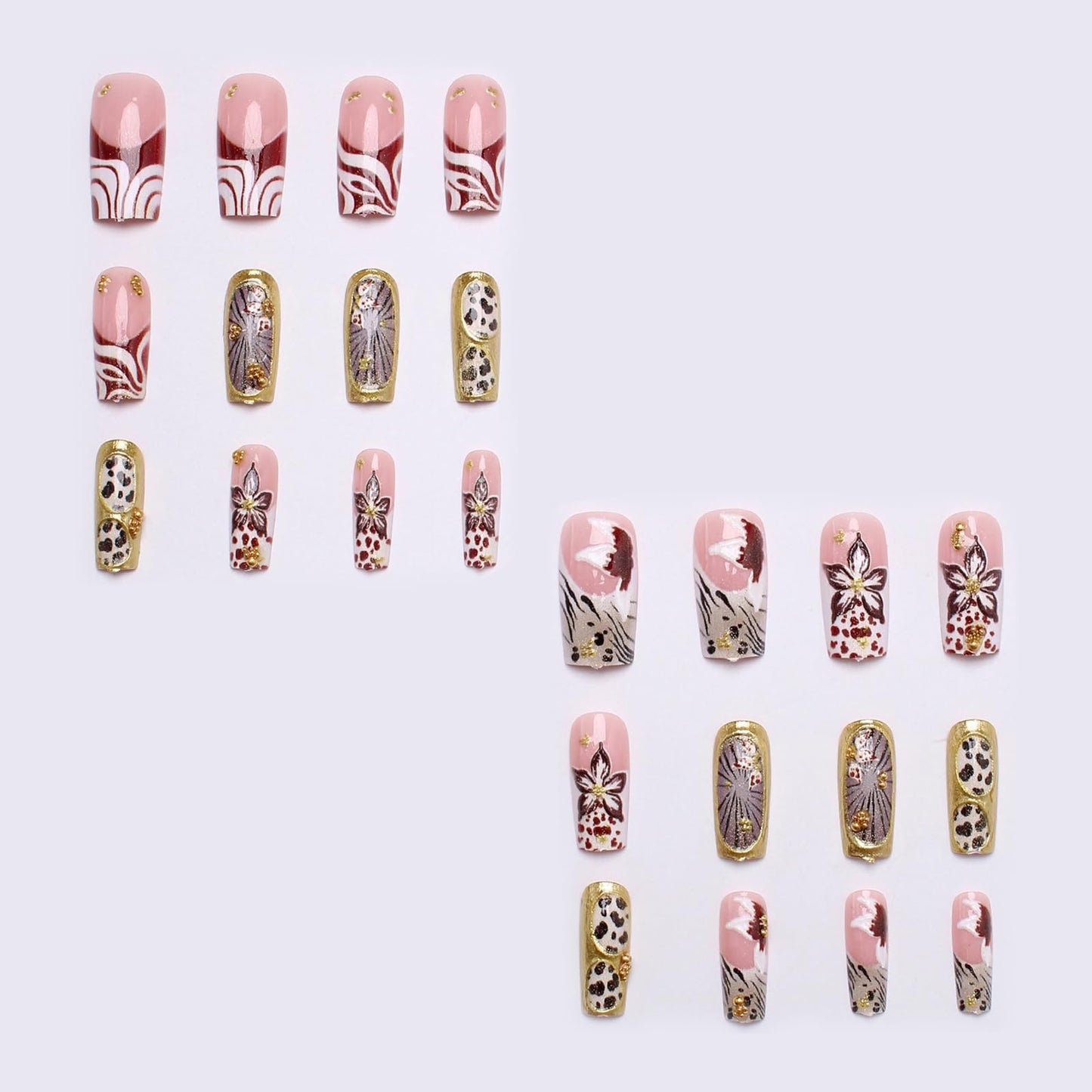 MISUD Press on Nails - Long Square Fake Nails with Brown Flower Cheetah, Acrylic Gold Chrome Design 24 pcs