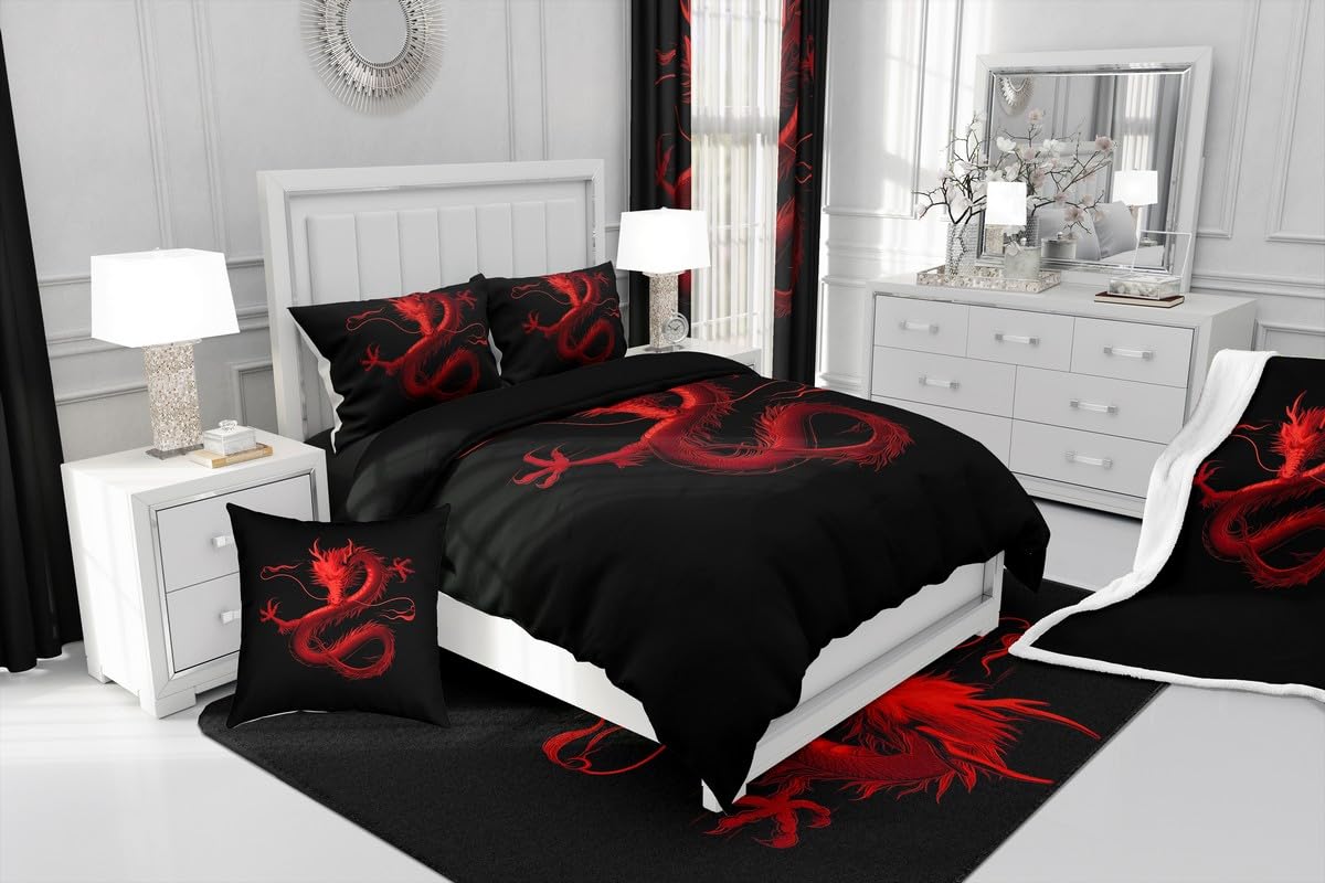Feelyou Dragon Monster Bedding Sheets Full Red Dragon Bed Sheet Set for Adult Kids Classical Monster Fitted Sheet Black Red Cool Bed Cover 3Pcs,1 Fitted Sheet+2 Pillow Sham（No Flat Sheet）