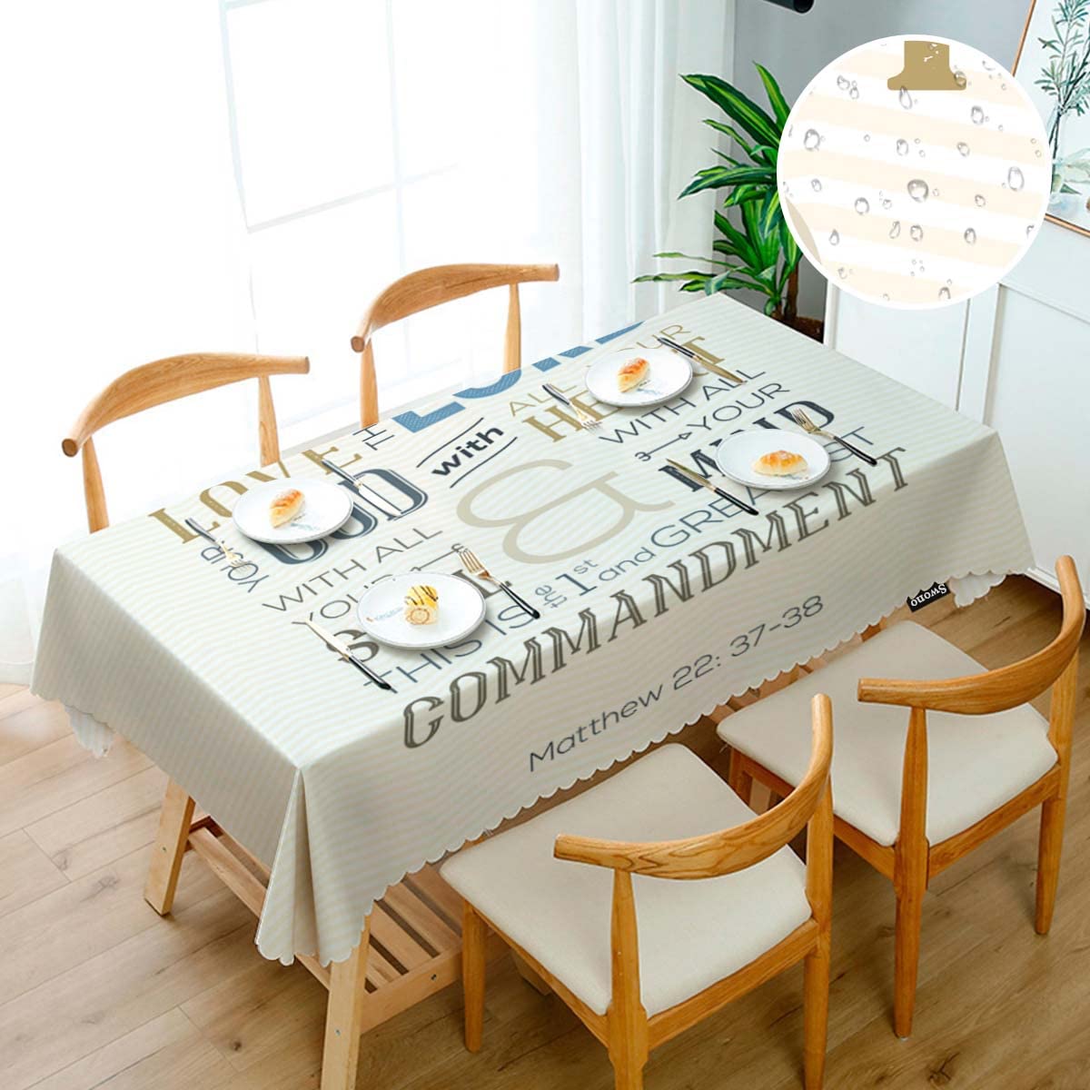 Swono Love God 52"X70" Oblong Table Cloth Christian Verse Bible Quote Zigzag Wrinkle Free Table Cover Farmhouse Tablecloth for Home Restaurant Picnic Indoor Outdoor Dining