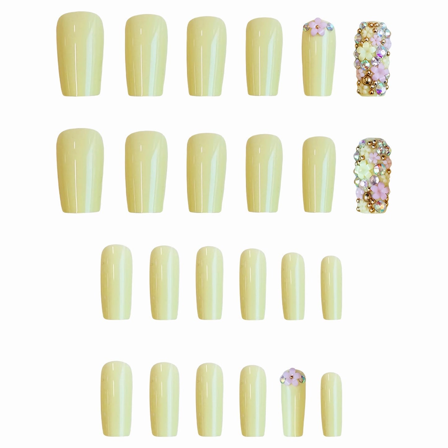 MISUD Press on Nails - Long Square Fake Nails with Yellow, Acrylic Flower Rhinestone Design 24 pcs