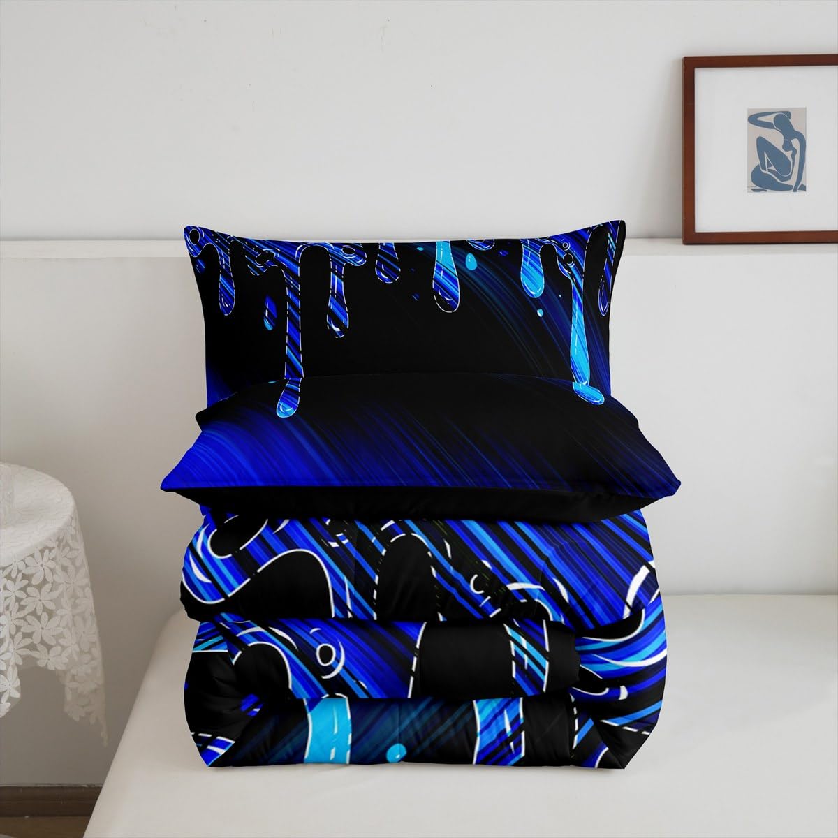 Feelyou Abstract Bedding Set Kids Ombre Blue Black Reversible Comforter Set Modern Art Comforter for Women Men Room Decor Drop-Shaped Duvet Set Full Size with 2 Pillow Case