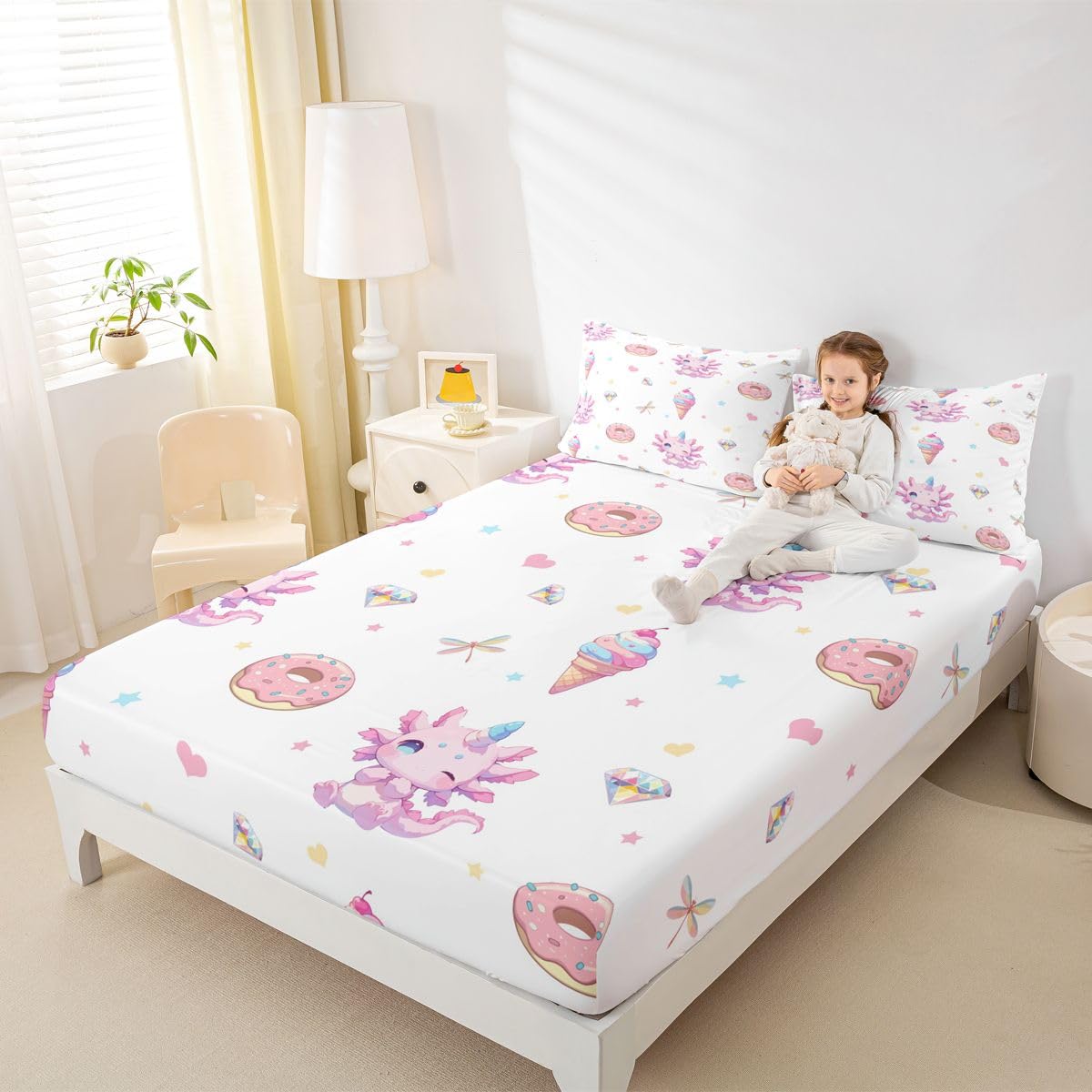 Castle Fairy Cartoon Dinosaur Fitted Sheet Queen Size (No Flat),Donut Ice Cream Bedding Sets 3Pcs,Girls Boys Adult Room Decor,Love Heart Bed Cover Diamond Dragonfly Deep Pocket Sheet,2 Pillowcases