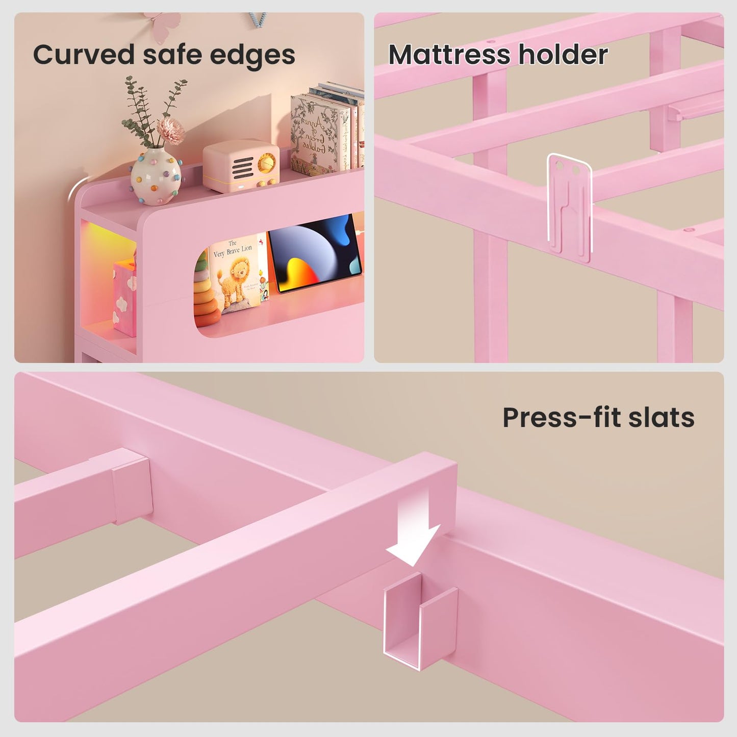 ADORNEVE Twin Bed Frame with 6 Drawers & LED Lights for Girls, Pink