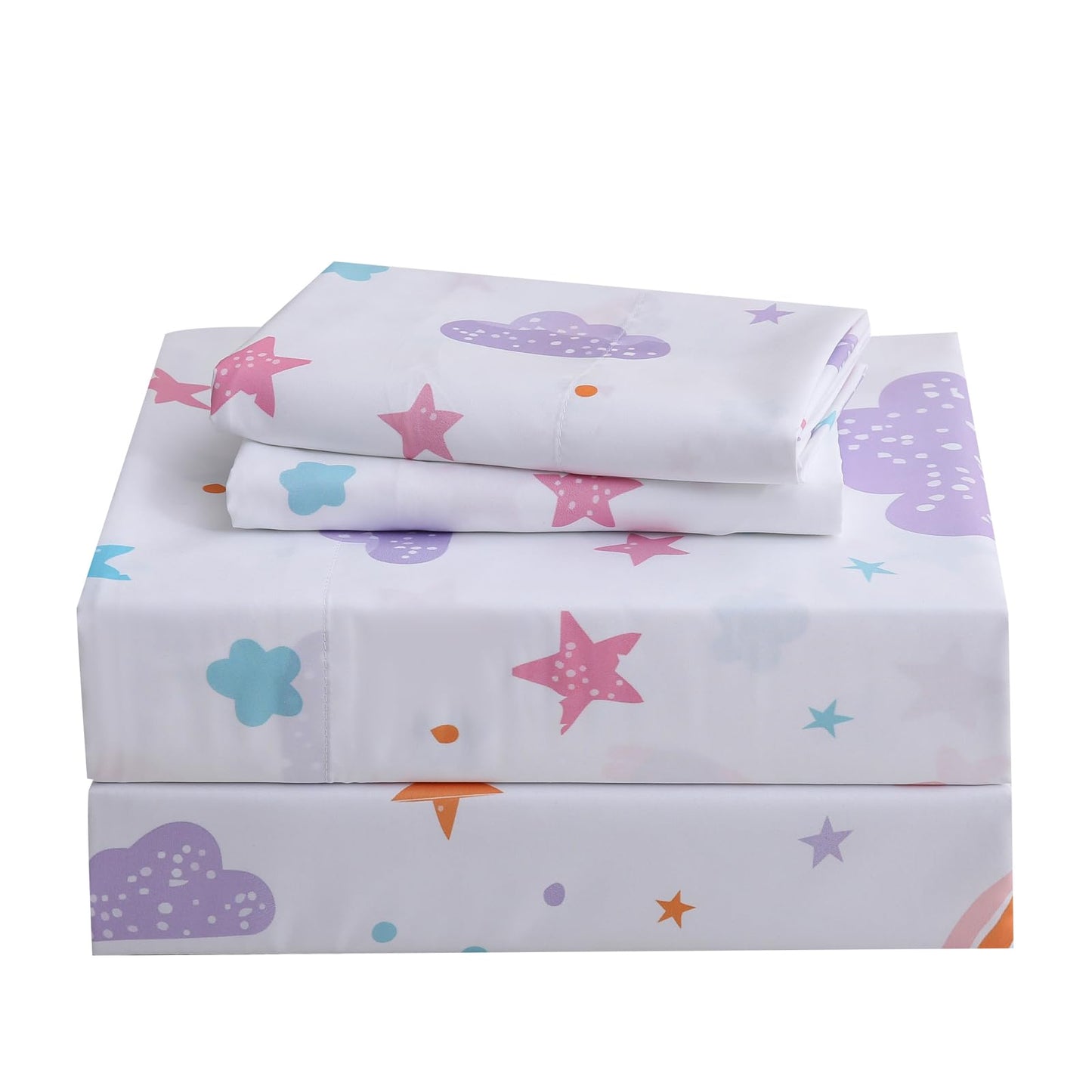 Ocharo Full Size Rainbow Bed Sheets for Girls Kids- Soft Microfiber Stars Printed Sheet Set 4 Pieces with Deep Pockets,Breathable & Fade Resistant Purple Pink Clouds Bedding Set