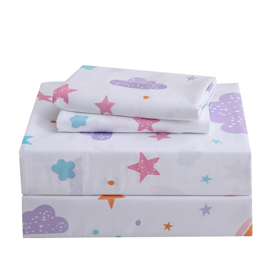 Ocharo Full Size Rainbow Bed Sheets for Girls Kids- Soft Microfiber Stars Printed Sheet Set 4 Pieces with Deep Pockets,Breathable & Fade Resistant Purple Pink Clouds Bedding Set