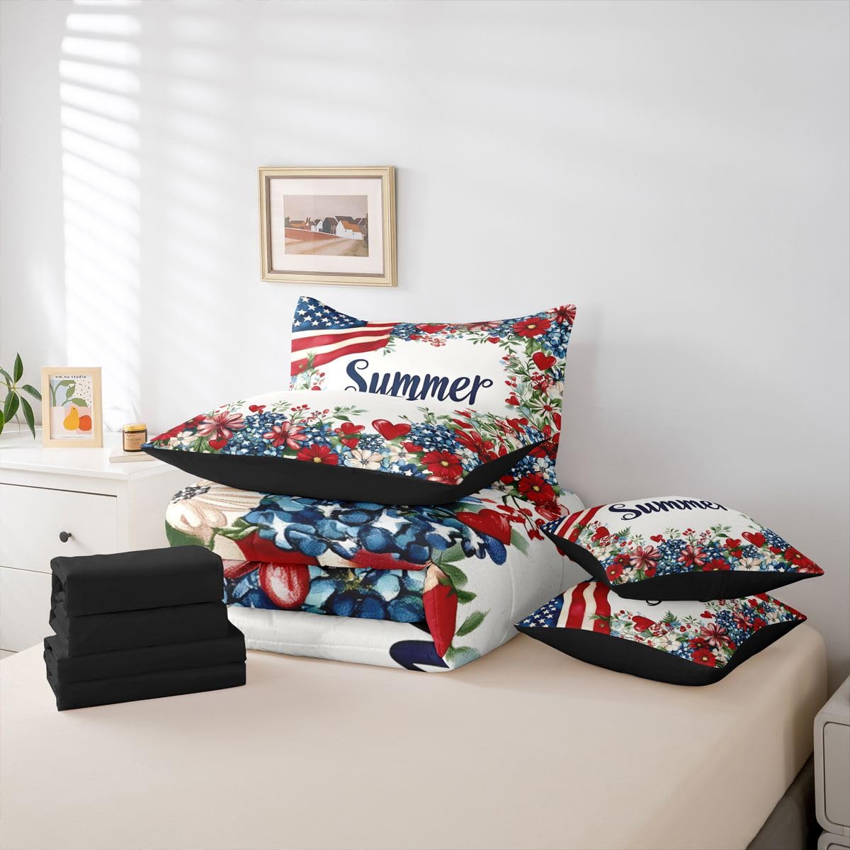 Erosebridal American Flag Queen Bedding Set Patriotic Floral Comforter Set with Flat and Fitted Sheet Kids Adults Summer Flower & Heart 7-Piece Bed in a Bag Fourth of July Art Quilt Sets