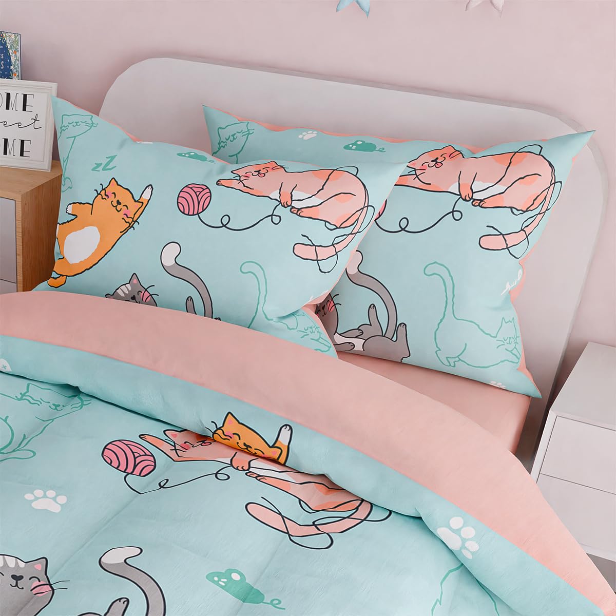 SANDJEST Cat Comforter Set Twin for Girls, Ultra Soft Microfiber Bedding Sets with 3-Pieces, Cats Comforters Bed Sets for Kids Children Girl Bedroom Decor