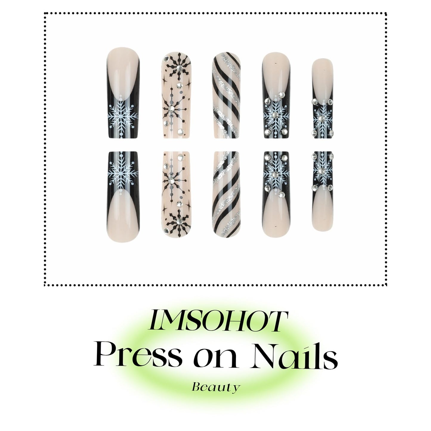 IMSOHOT Black Press on Nails Long Square Fake Nails Xmas Snowflake, Silver Glitter, Rhinestone | Acrylic Glossy False Nails Artificial Glue on Nails for Women DIY Manicure Decor