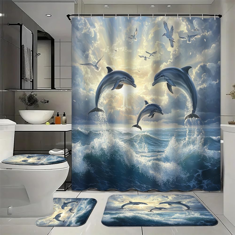 SOPIYRIO Modern Dolphin Waterproof Shower Curtain Set (72x72 Inch) with Non-Slip Bath Rugs, 4 Piece Beautiful Ocean Bird Nature Sunset Bathroom Set Includes U-Shaped Mat & Toilet Seat Cover
