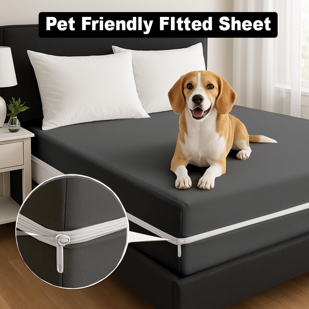 Mattress-Homes Zippered Fitted Sheet, Full Size, 10" Deep Pocket Mattress Encasement Bottom Cover with Zipper, Hotel Quality Brushed Microfiber, Soft, Wrinkle-Free, Dark Grey Solid