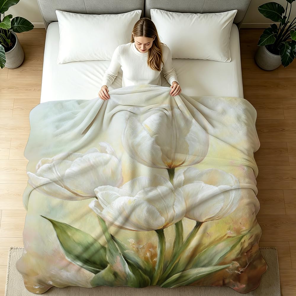HUNXIAOJ Tulip Blanket Floral Throw Blanket Tulip Gifts for Women Rustic Flower Decor Floral Bedding Warm Soft Flannel for Girl Sofa Couch (49in x 59in)