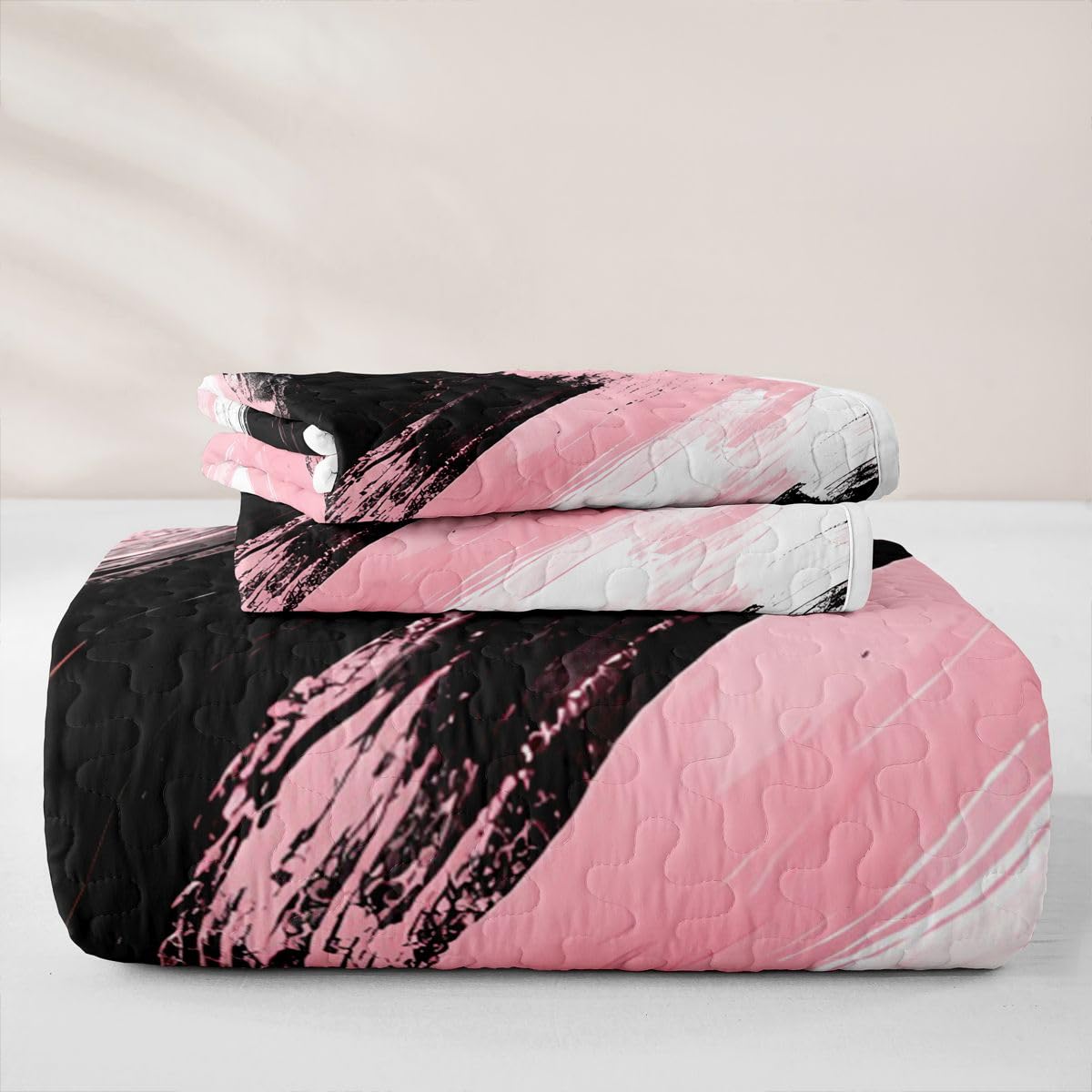 Feelyou Pink Black Bedding Set Kids Abstract Quilt Sets Queen Size Modern Stripes Bedspread Coverlet for Room Soft Modern with 2 Pillow Case