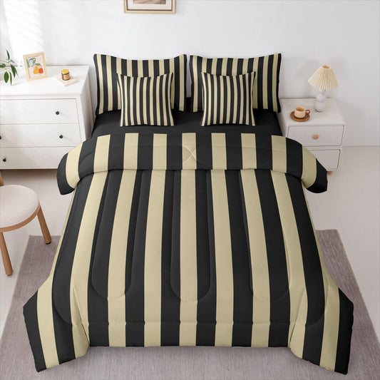 Erosebridal Beige and Black Striped Twin Size Bedding Set Simple Vertical Stripes 7 Pieces Comforter Set with Sheets Modern Abstract Minimalist Aesthetic Bed in a Bag Retro Vintage Stripe Bed Sets