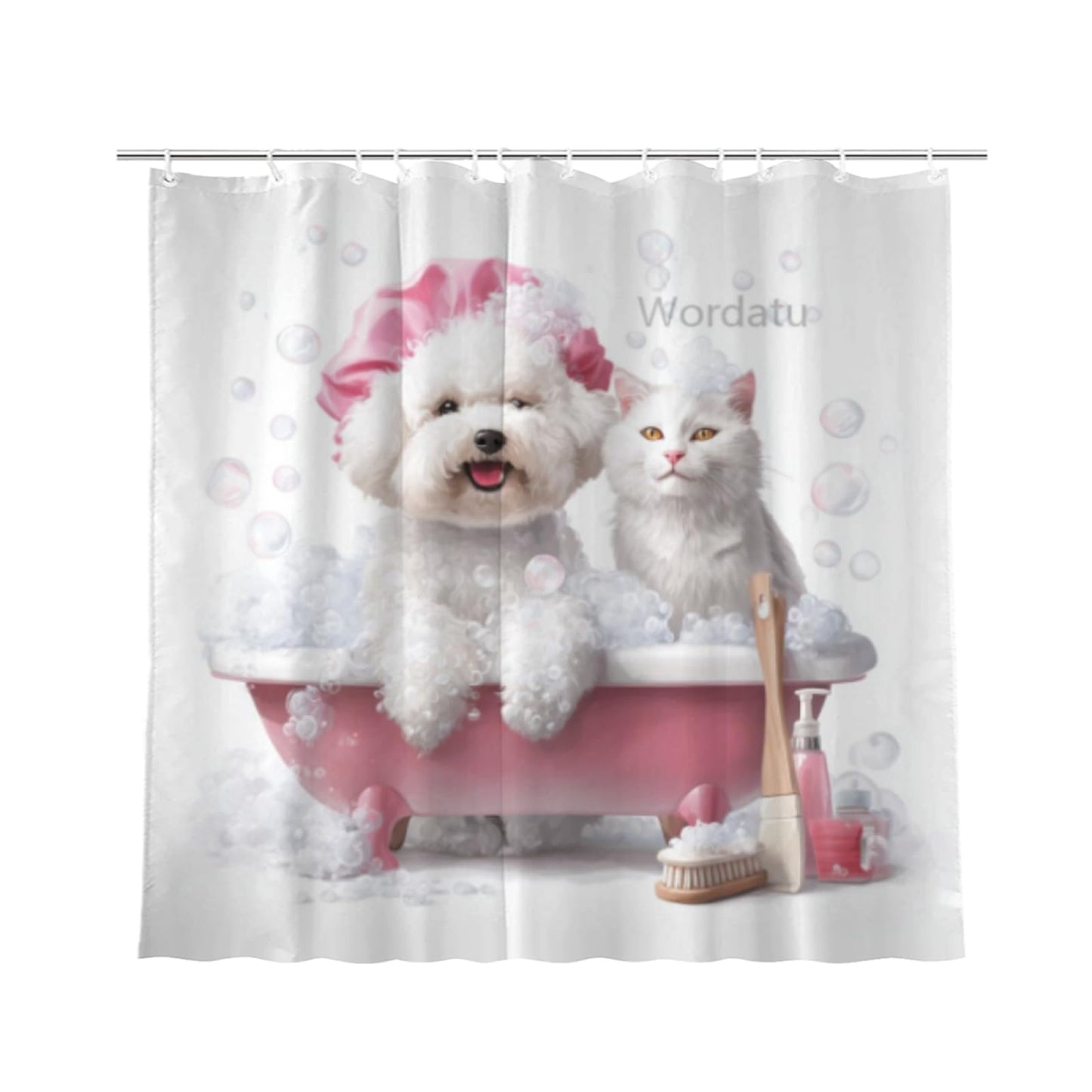Wordatu Funny Bichon Frise Shower Curtain Decor Fabric Bathroom Curtains, Kids Children Cartoon Waterproof 72x72 inch with 12 Hooks