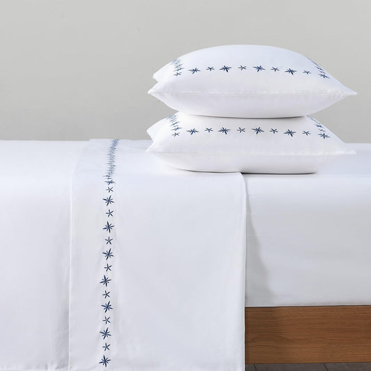 PANDATEX Luxurious 100% Cotton White Embroidered Sheets - 80s Ultra Soft Yarn, High End Hotel Quality Sateen Bedding for King Size Bed with 16'' Deep Pocket, Blue Daisy Design