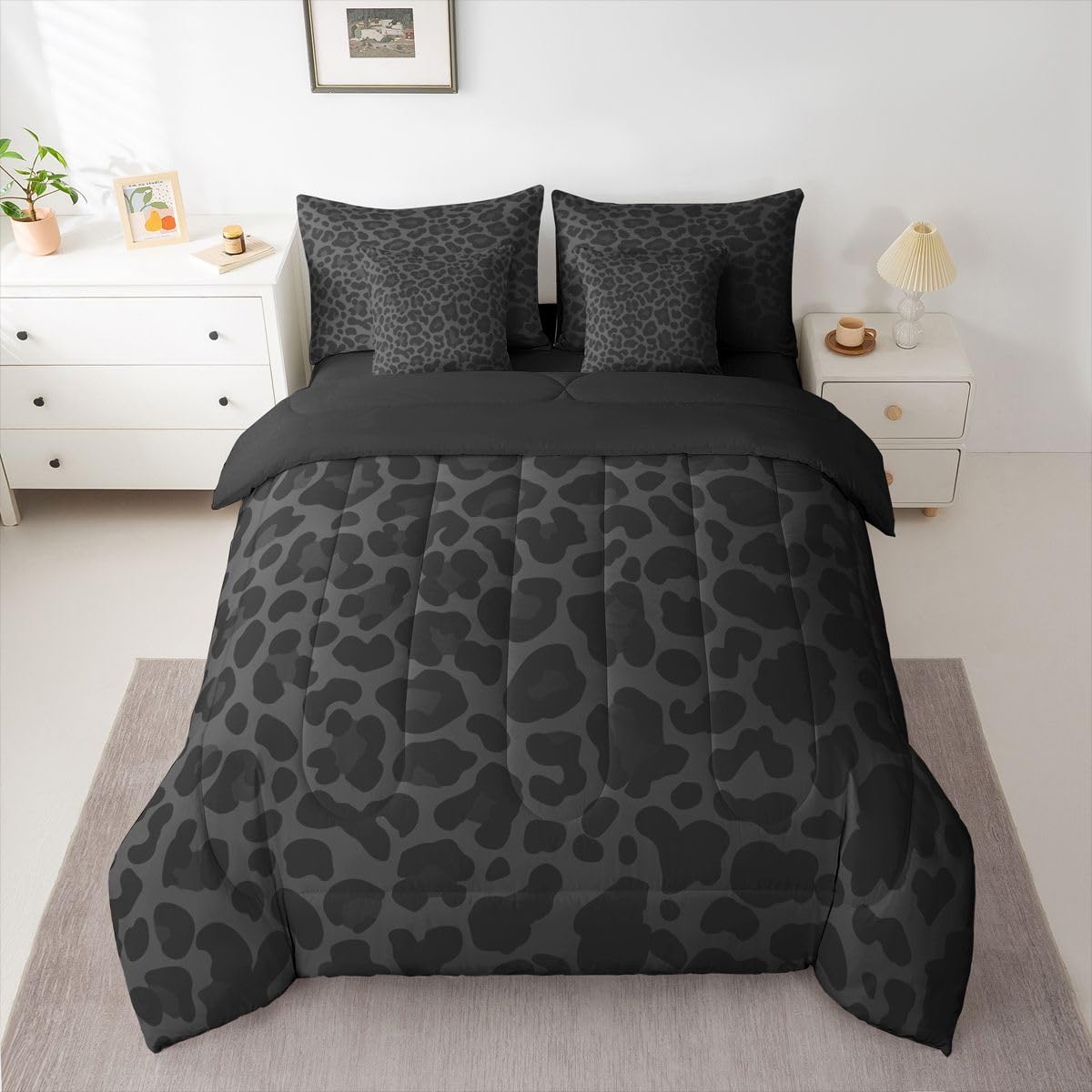 Erosebridal Leopard Print Comforter Set King for Boys Western Cheetah Bedding Set 7 Piece Black Grey African Wildlife Bed in A Bag for Kids Teens Youth Women Room Modern Animal Skin Texture Sheets