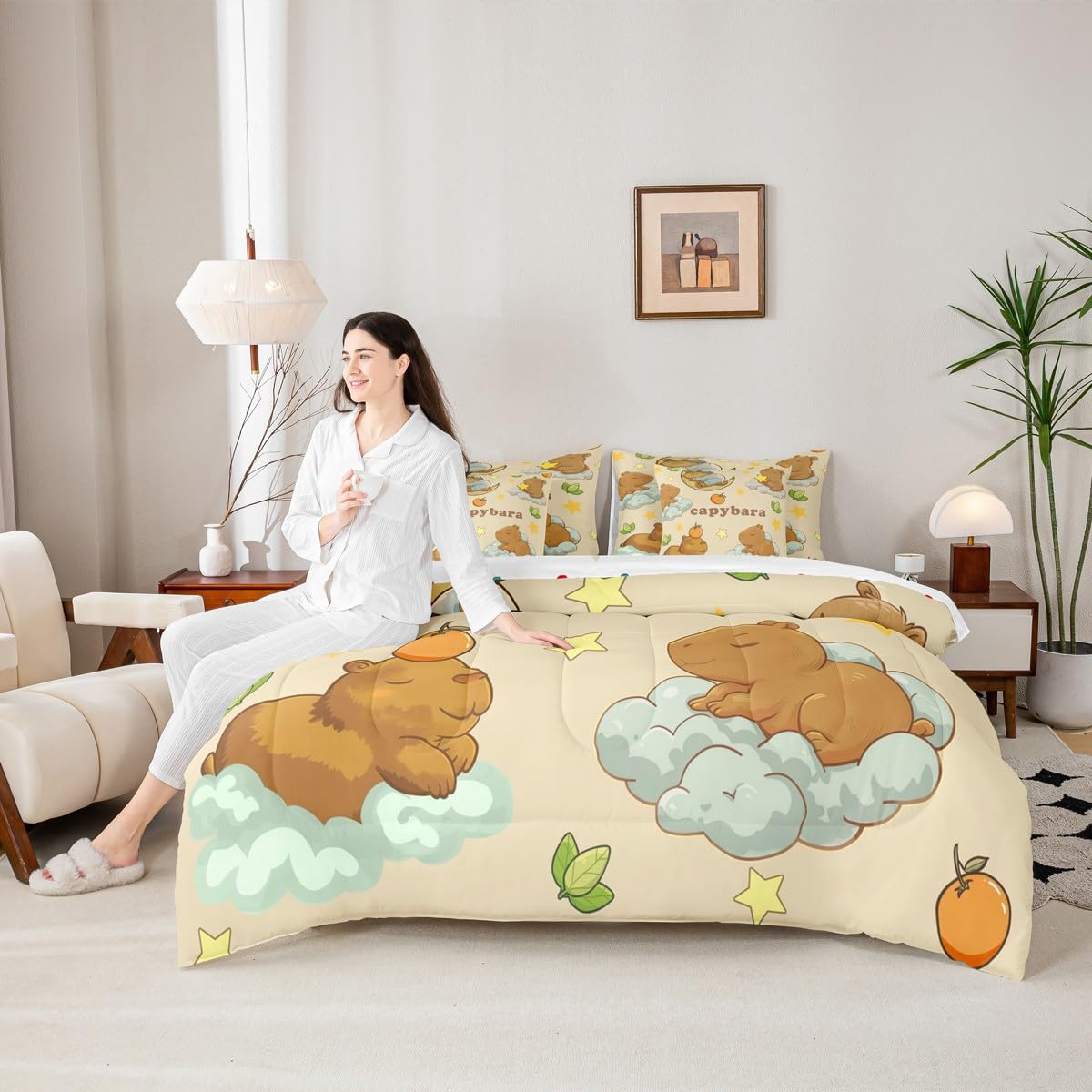 Capybara Dreams Queen Comforter Set Stars Cute Animal Bed in a Bag with Flat and Fitted Sheet for Kids Boys Girls Cute Capybara 7-Piece Bedding Set Dreamy Fantasy Cloud Animal Quilt Duvet Sets