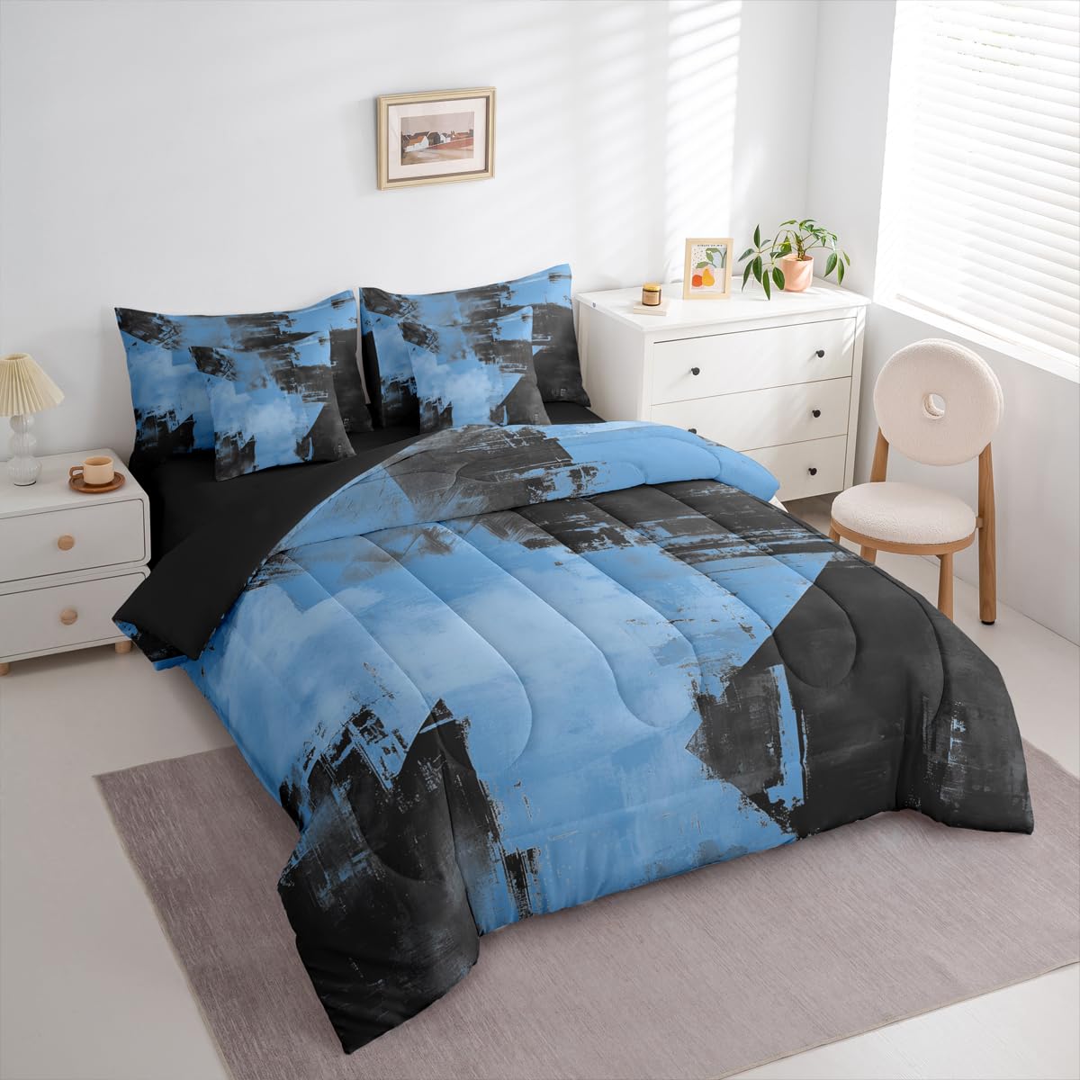 Feelyou Abstract Comforter Set with Sheets 7 Piece King Size Modern Abstract Art Bedding Set for Kids Boys Girls Luxury Bed in a Bag Geometric Room Decor Deep Blue Soft Lightweight Microfiber